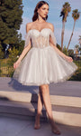 Sophisticated A-line Short Tulle Flutter Sleeves Off the Shoulder Glittering Tiered Draped Basque Corset Waistline Dress