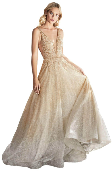 A-line V-neck Floor Length Plunging Neck Sheer Back Zipper Beaded Glittering Natural Waistline Evening Dress/Prom Dress