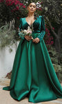 V-neck Natural Waistline Velvet Belted Pocketed Pleated Floor Length Plunging Neck Puff Sleeves Sleeves Evening Dress with a Brush/Sweep Train