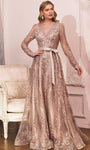 A-line V-neck Sweetheart Long Sleeves Fitted Beaded Sheer Illusion Glittering Natural Waistline Floor Length Lace Dress
