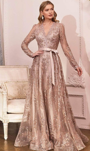 A-line V-neck Sweetheart Fitted Illusion Glittering Beaded Sheer Lace Long Sleeves Natural Waistline Floor Length Dress