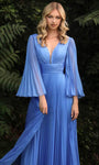 A-line V-neck Natural Waistline Chiffon Floor Length Open-Back Shirred Ruched Back Zipper Pleated Plunging Neck Flutter Sleeves Dress with a Brush/Sweep Train