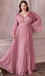 A-line V-neck Floor Length Plunging Neck Bell Sleeves Pleated Illusion Shirred Sheer Natural Waistline Chiffon Party Dress with a Brush/Sweep Train