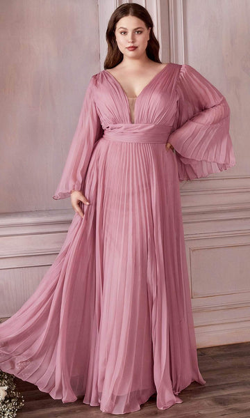 A-line V-neck Floor Length Chiffon Natural Waistline Pleated Shirred Sheer Illusion Plunging Neck Bell Sleeves Party Dress with a Brush/Sweep Train