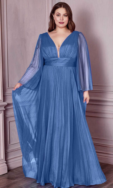 A-line V-neck Plunging Neck Floor Length Bell Sleeves Natural Waistline Chiffon Shirred Pleated Illusion Sheer Party Dress with a Brush/Sweep Train