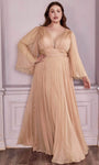 A-line V-neck Chiffon Floor Length Plunging Neck Sheer Pleated Shirred Illusion Bell Sleeves Natural Waistline Party Dress with a Brush/Sweep Train