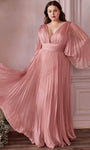 A-line V-neck Chiffon Natural Waistline Bell Sleeves Plunging Neck Shirred Sheer Illusion Pleated Floor Length Party Dress with a Brush/Sweep Train