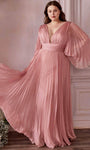 A-line V-neck Shirred Sheer Pleated Illusion Plunging Neck Chiffon Bell Sleeves Floor Length Natural Waistline Party Dress with a Brush/Sweep Train