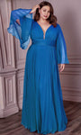 A-line V-neck Natural Waistline Bell Sleeves Floor Length Chiffon Plunging Neck Illusion Pleated Shirred Sheer Party Dress with a Brush/Sweep Train