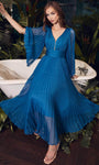 A-line V-neck Chiffon Bell Sleeves Empire Waistline Plunging Neck Tea Length Open-Back Pleated Sheer Dress