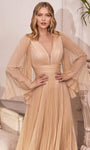 A-line V-neck Chiffon Empire Waistline Bell Sleeves Open-Back Pleated Sheer Plunging Neck Tea Length Dress