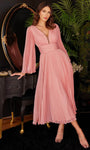 A-line V-neck Bell Sleeves Tea Length Sheer Open-Back Pleated Plunging Neck Chiffon Empire Waistline Dress