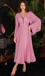 A-line V-neck Sheer Open-Back Pleated Chiffon Empire Waistline Tea Length Plunging Neck Bell Sleeves Dress