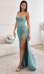 Tall Sexy Cowl Neck Sweetheart Basque Corset Waistline Glittering Draped Slit Metallic Sheath Floor Length Spaghetti Strap Sheath Dress/Prom Dress