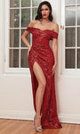 Sheath Off the Shoulder Natural Waistline Slit Sequined Floor Length Sheath Dress/Prom Dress