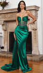 Sophisticated V-neck Strapless Satin Plunging Neck Sheath Corset Natural Waistline Draped Illusion Sheer Slit Beaded Sheath Dress/Prom Dress with a Brush/Sweep Train With Rhinestones and a Sash