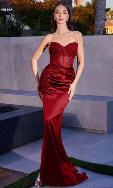 Sophisticated Strapless Sheath Floor Length Draped Beaded Open-Back Illusion Fitted Applique Sheer Back Zipper Slit Sweetheart Corset Natural Waistline Lace Sheath Dress/Prom Dress with a Brush/Sweep 