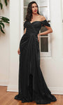 Sophisticated A-line Short Sleeves Sleeves Off the Shoulder Natural Waistline Slit Glittering Draped Ruched Gathered Prom Dress with a Brush/Sweep Train