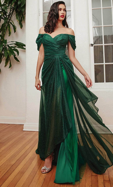 Sophisticated A-line Natural Waistline Gathered Draped Ruched Slit Glittering Short Sleeves Sleeves Off the Shoulder Prom Dress with a Brush/Sweep Train