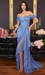 Sophisticated A-line Glittering Slit Draped Gathered Ruched Short Sleeves Sleeves Off the Shoulder Natural Waistline Prom Dress with a Brush/Sweep Train