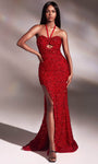Sexy Spaghetti Strap Sequined Slit Cutout Halter Sweetheart Empire Waistline Fall Mermaid Prom Dress with a Brush/Sweep Train