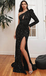 Natural Waistline Sheath Long Sleeves Plunging Neck Sequined Open-Back Asymmetric Cutout Slit Sheath Dress/Evening Dress with a Brush/Sweep Train