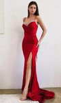 Sophisticated Spaghetti Strap Sweetheart Corset Natural Waistline Slit Beaded Jeweled Ruched Satin Sheath Sheath Dress/Prom Dress with a Brush/Sweep Train