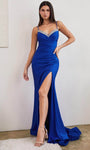 Sophisticated Spaghetti Strap Sheath Ruched Jeweled Beaded Slit Corset Natural Waistline Sweetheart Satin Sheath Dress/Prom Dress with a Brush/Sweep Train