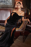 Sophisticated Slit Pleated Mermaid Off the Shoulder Velvet Floor Length Evening Dress With a Ribbon