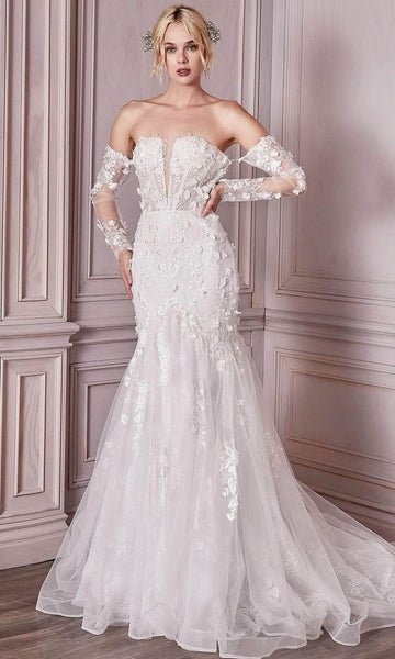 Floral Print Corset Natural Waistline Mermaid Long Sleeves Off the Shoulder Applique Open-Back Illusion Lace-Up Sheer Back Zipper Fitted Straight Neck Wedding Dress with a Court Train