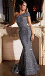 Short Sleeves Sleeves One Shoulder Natural Waistline Sequined Asymmetric Floor Length Mermaid Fall Evening Dress with a Brush/Sweep Train