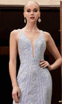 V-neck Sheer Gathered Back Zipper Illusion Embroidered Beaded Open-Back Mermaid Natural Waistline Plunging Neck Dress with a Brush/Sweep Train