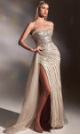 Strapless Tulle Sheath Ruffle Trim Sheer Illusion Slit Straight Neck Striped Print Natural Waistline Sheath Dress/Evening Dress with a Brush/Sweep Train With Rhinestones and a Sash