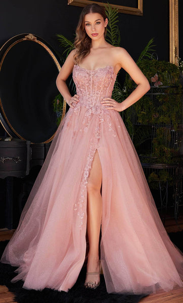 A-line Strapless Sheer Glittering Beaded Open-Back Slit Applique Floral Print Corset Natural Waistline Long Sleeves Scoop Neck Prom Dress with a Brush/Sweep Train