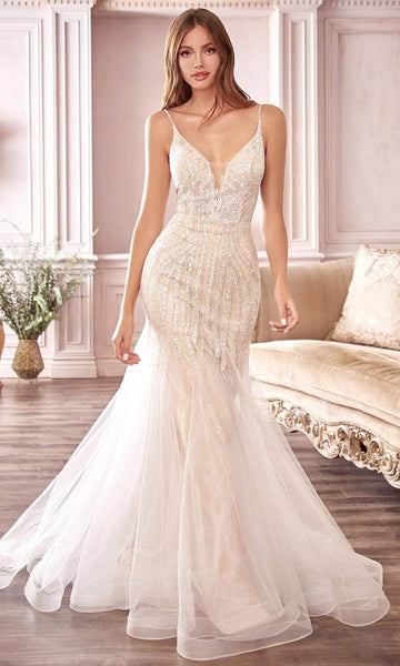 V-neck Plunging Neck Spaghetti Strap Natural Waistline Mermaid Sheer Illusion Beaded Open-Back Back Zipper Wedding Dress with a Brush/Sweep Train
