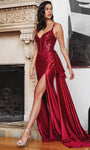 Sophisticated V-neck Spaghetti Strap Beaded Slit Embroidered Corset Empire Waistline Sheath Satin Sheath Dress/Prom Dress with a Brush/Sweep Train With a Sash