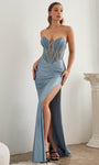 V-neck Strapless Beaded Slit Illusion Sheer Glittering Satin Sheath Basque Corset Waistline Sheath Dress/Prom Dress with a Brush/Sweep Train