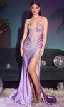 V-neck Strapless Illusion Sheer Beaded Glittering Slit Satin Sheath Basque Corset Waistline Sheath Dress/Prom Dress with a Brush/Sweep Train