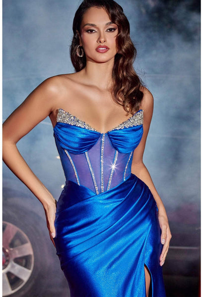 V-neck Strapless Beaded Open-Back Illusion Pleated Sheer Slit Back Zipper Crystal Basque Corset Waistline Sheath Sheath Dress/Evening Dress with a Brush/Sweep Train