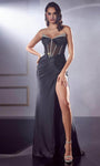 V-neck Strapless Sheer Beaded Back Zipper Illusion Open-Back Pleated Slit Crystal Sheath Basque Corset Waistline Sheath Dress/Evening Dress with a Brush/Sweep Train