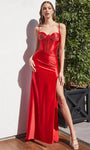 Sophisticated Natural Waistline Sweetheart Satin Sheath Floor Length Sleeveless Spaghetti Strap Fitted Slit Beaded Back Zipper Sheath Dress