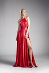 A-line Floor Length Collared Halter Sleeveless Natural Waistline Wrap Glittering Slit Ruched Dress With a Ribbon