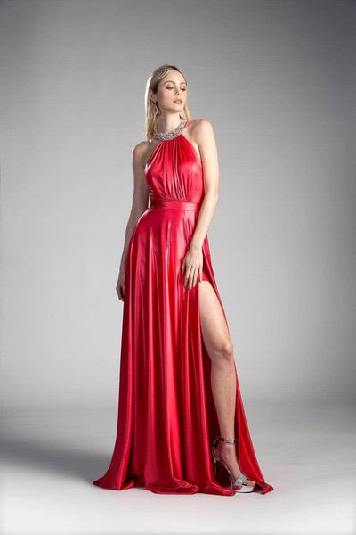 A-line Sleeveless Slit Wrap Ruched Glittering Floor Length Collared Halter Natural Waistline Dress With a Ribbon