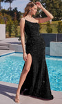 Mermaid Natural Waistline Fall Sequined Sheer Asymmetric Slit Fitted One Shoulder Spaghetti Strap Prom Dress with a Brush/Sweep Train