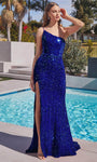 Mermaid Natural Waistline Sequined Asymmetric Slit Sheer Fitted One Shoulder Spaghetti Strap Fall Prom Dress with a Brush/Sweep Train