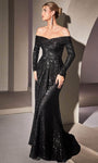 Mermaid Sequined Asymmetric Draped Natural Waistline Long Sleeves Off the Shoulder Evening Dress with a Brush/Sweep Train With Ruffles