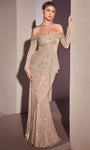 Asymmetric Draped Sequined Mermaid Natural Waistline Long Sleeves Off the Shoulder Evening Dress with a Brush/Sweep Train With Ruffles