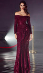 Draped Asymmetric Sequined Mermaid Long Sleeves Off the Shoulder Natural Waistline Evening Dress with a Brush/Sweep Train With Ruffles