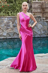 Floor Length Fit-and-Flare Mermaid Natural Waistline Asymmetric Pleated Fitted Satin One Shoulder Sleeveless Dress