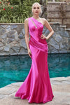 Pleated Asymmetric Fitted Natural Waistline One Shoulder Sleeveless Floor Length Satin Fit-and-Flare Mermaid Dress